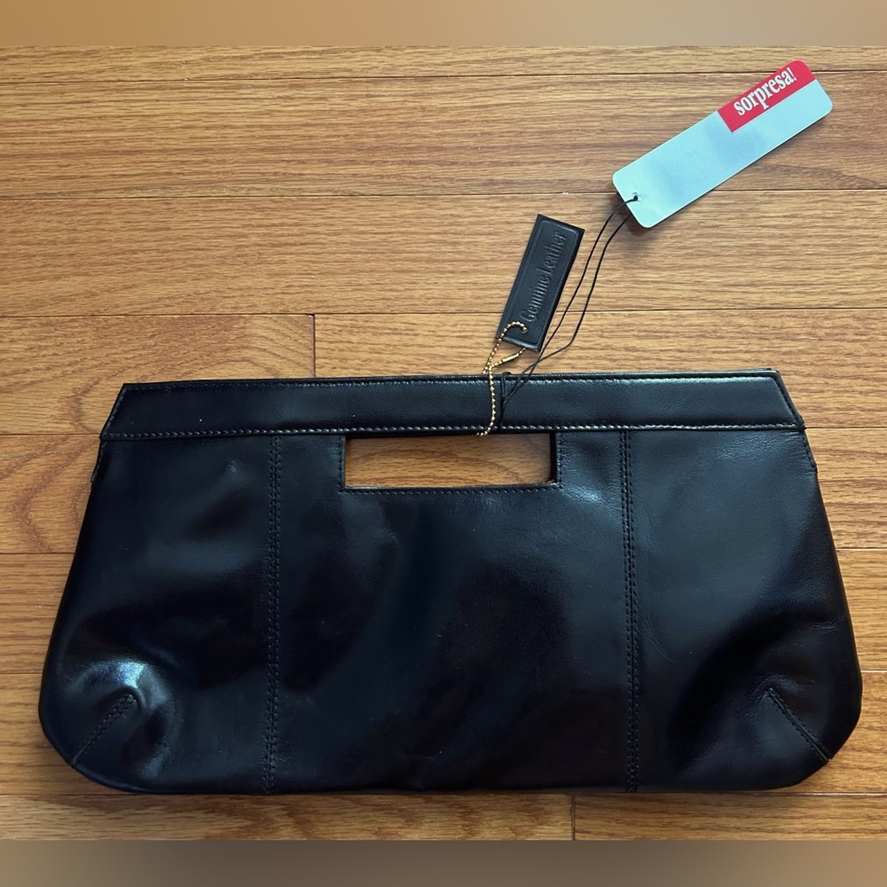 NWT Sorpresa! Gorgeous Vintage Black Thin Genuine Leather Clutch Evening…